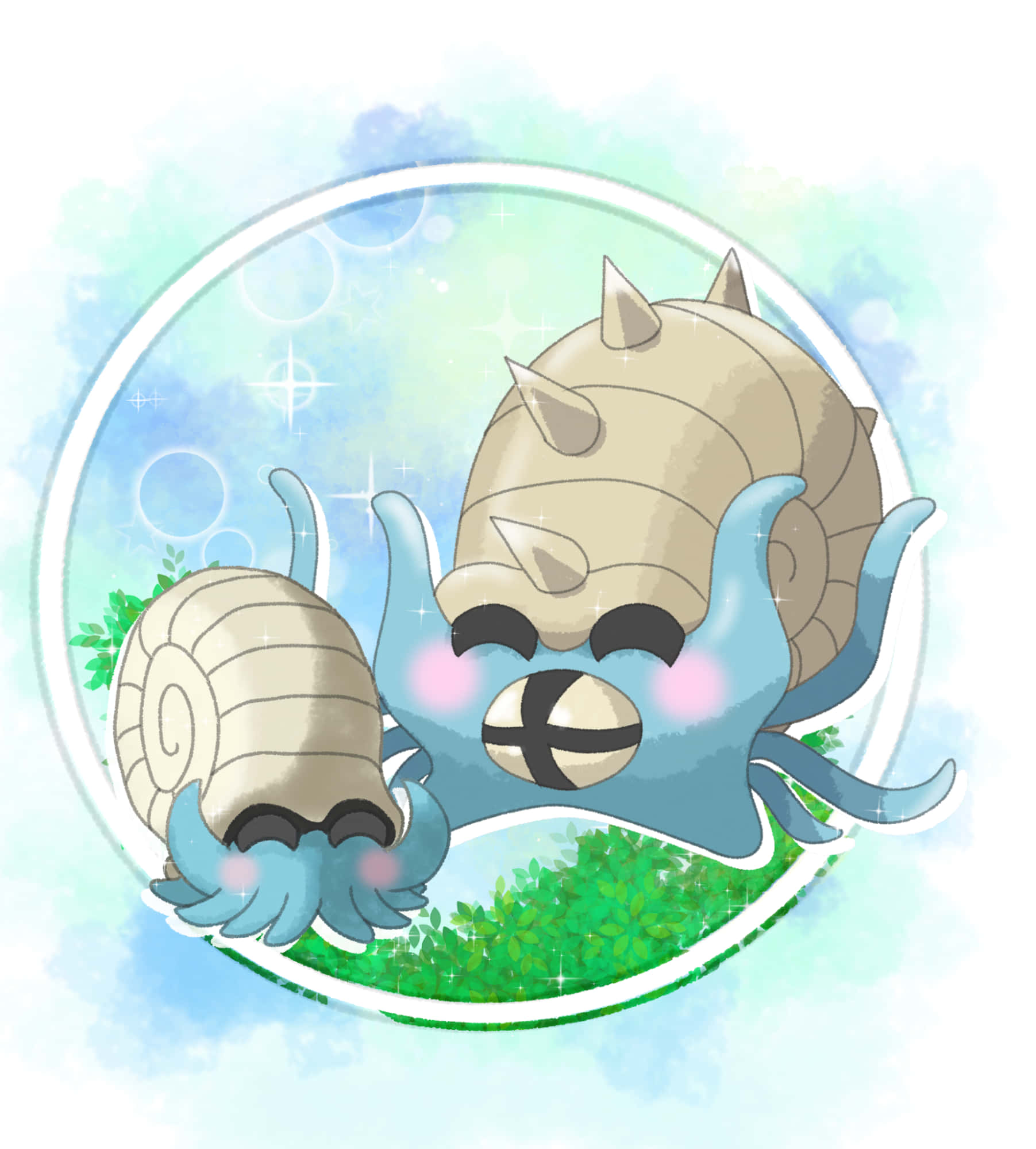 寶可夢 桌布 壁紙 — 兩隻可愛的動漫風格蝸牛狀生物，有藍色觸手和螺旋殼，快樂地坐在發光泡泡內的綠色草地上。
