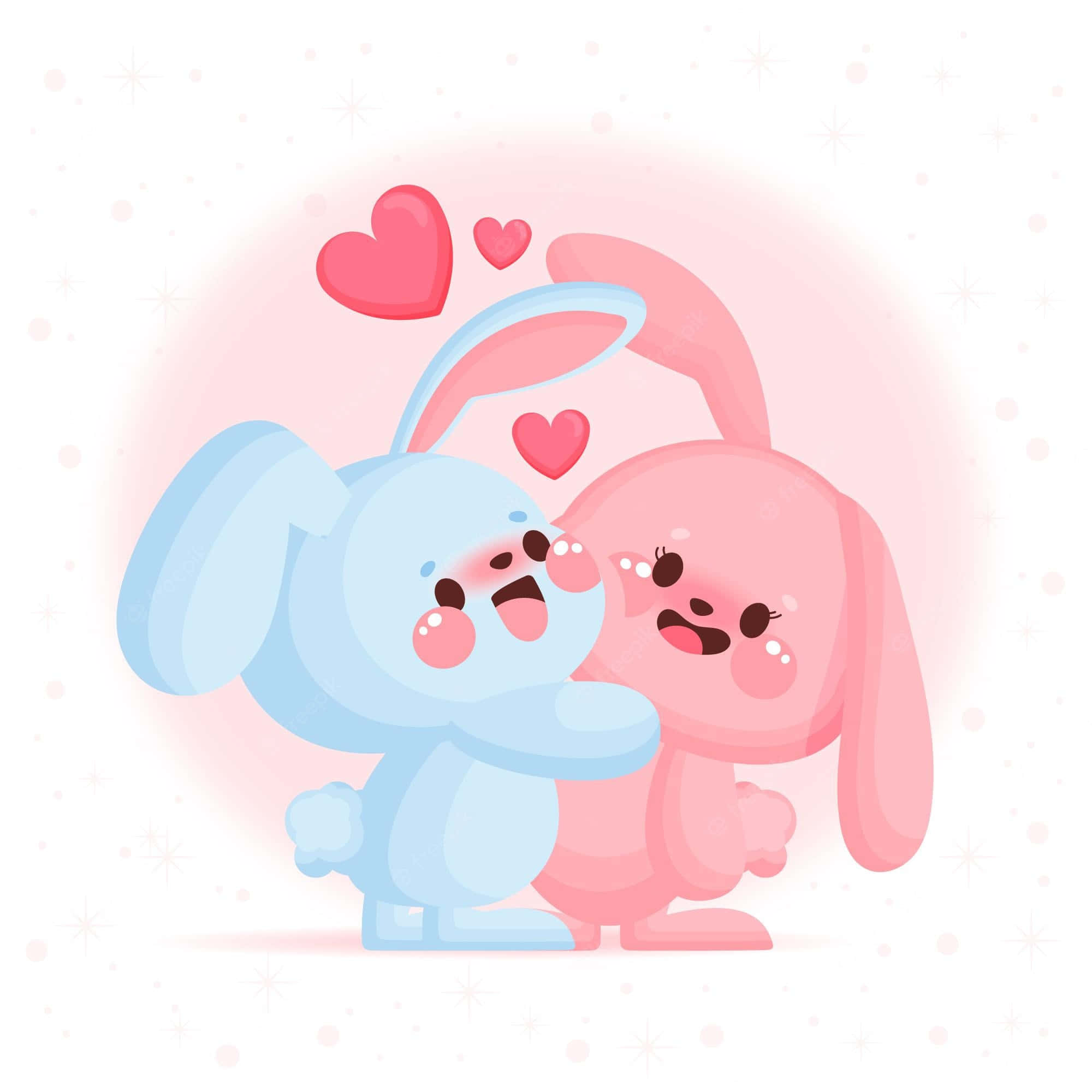 Cute Love 桌布 壁紙 — 兩隻可愛的卡通兔仔臉紅並擁抱，漂浮的心形在柔和的粉紅色發光背景上。