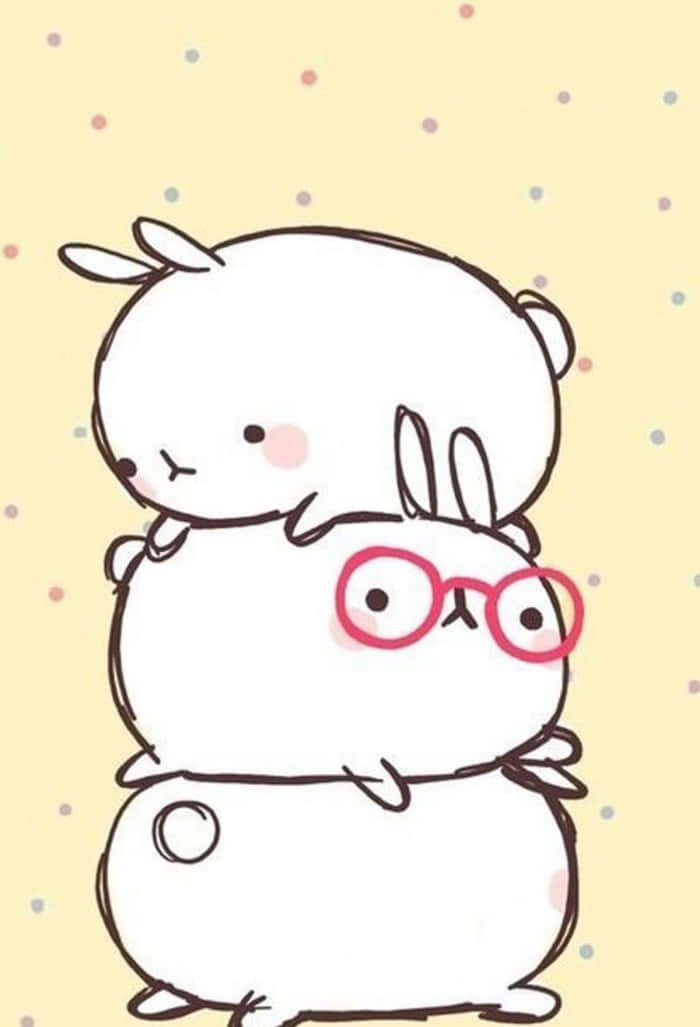 Cute Cartoon 桌布 壁紙 — 兩隻可愛的卡通兔兔，一隻戴著紅色眼鏡，頑皮地疊在粉黃色圓點背景上。