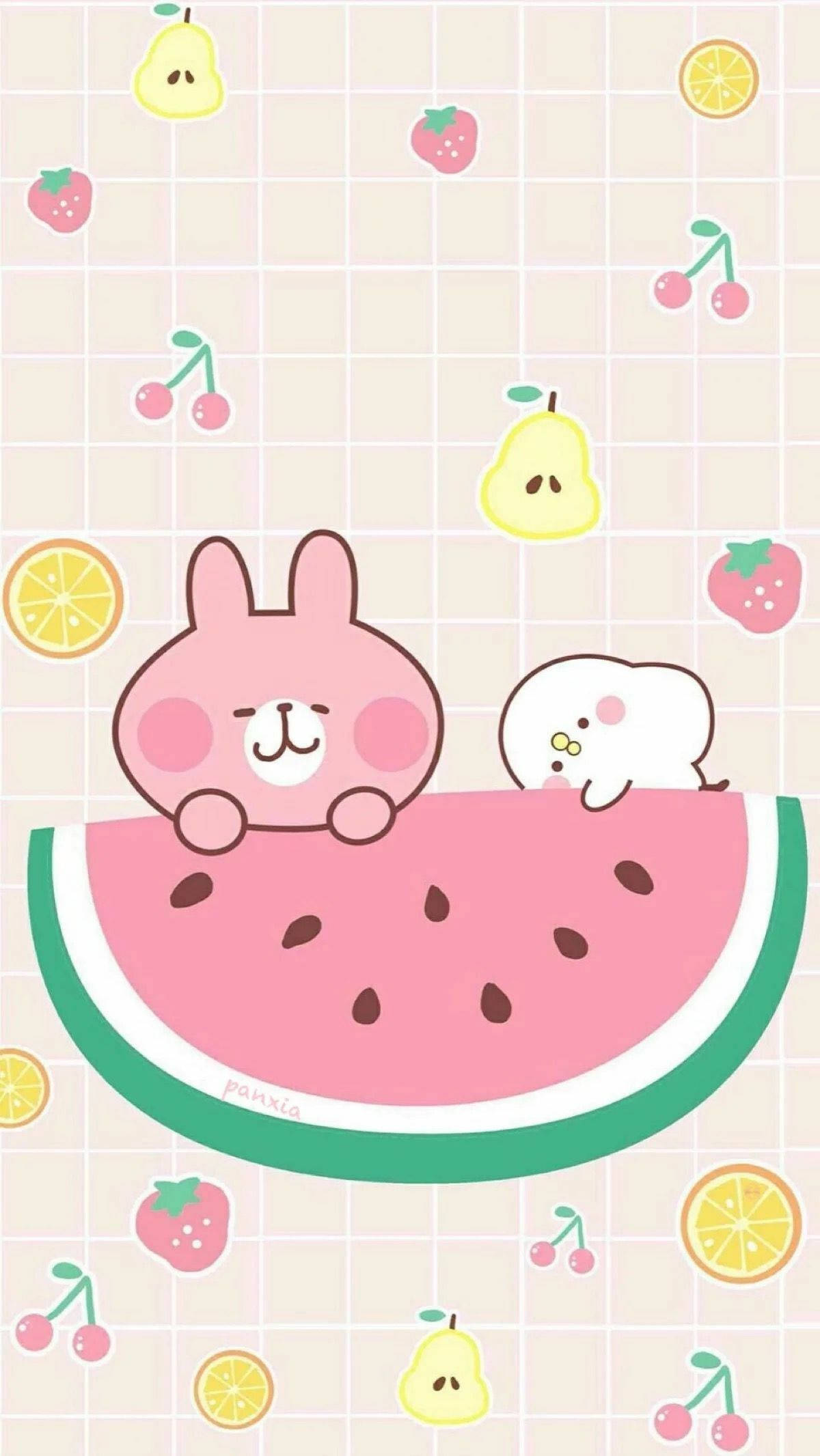 可愛 桌布 壁紙 — 兩隻可愛的卡通兔兔在一個巨大的西瓜片上放鬆，周圍有漂浮的水果，背景是網格圖案。