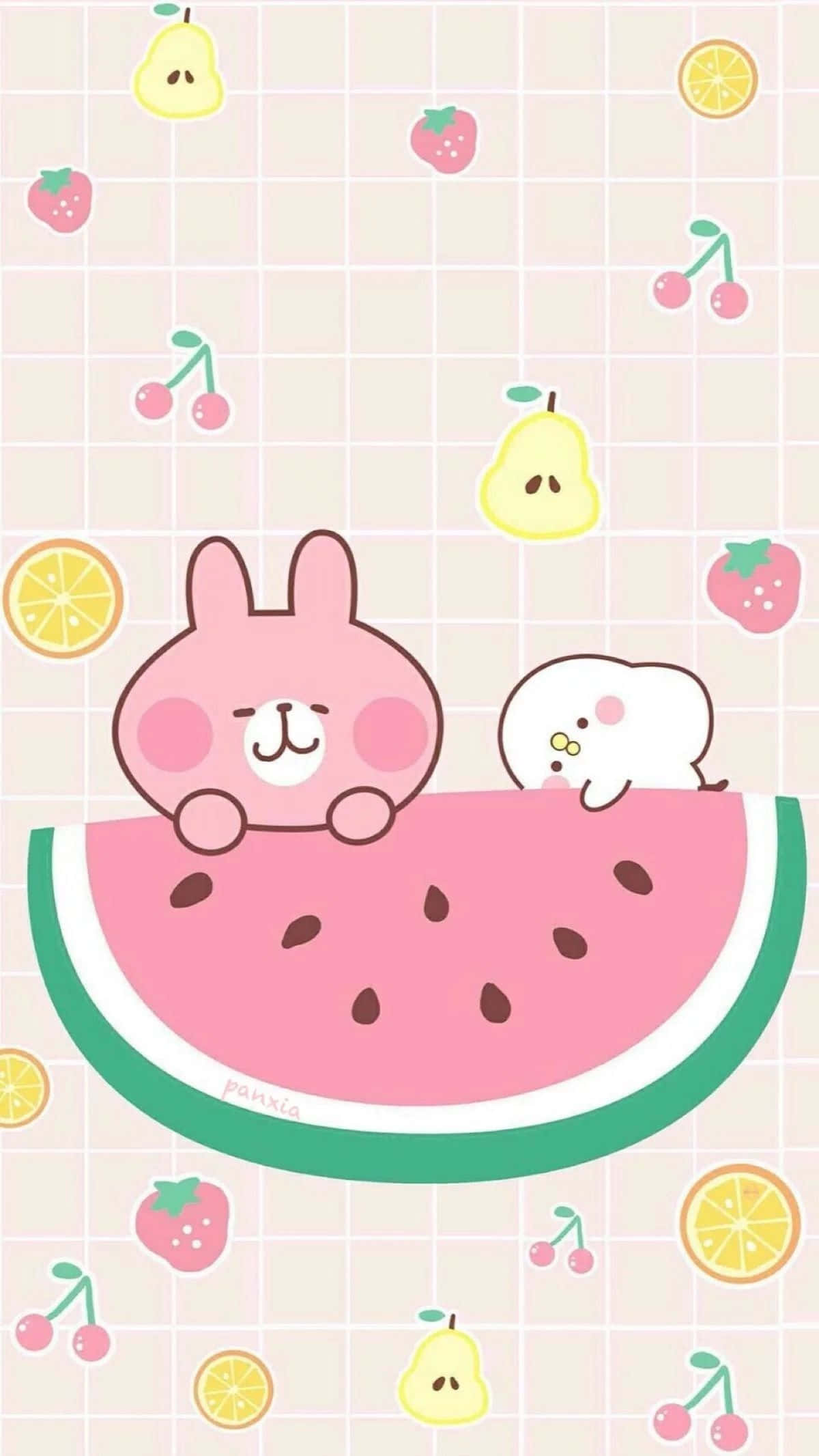 adorable 桌布 壁紙 — 兩隻可愛的卡通兔兔在一個巨大的西瓜片上放鬆，周圍是漂浮的水果，背景是網格圖案。