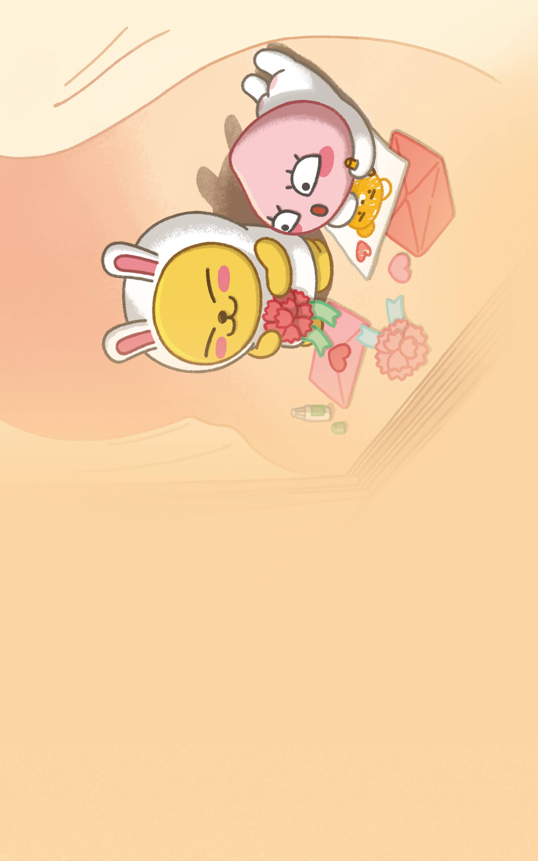 Kakao 桌布 壁紙 — 兩隻可愛的卡通兔兔在柔軟的米色表面上依偎，周圍有愛情信和花朵。