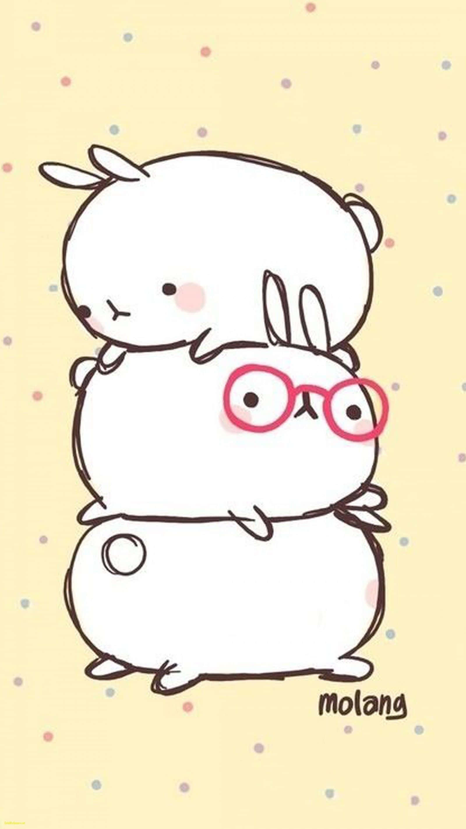 Cute Cartoon 桌布 壁紙 — 兩隻可愛的卡通兔子，一隻戴著紅色眼鏡，在柔和的圓點背景中擁抱。