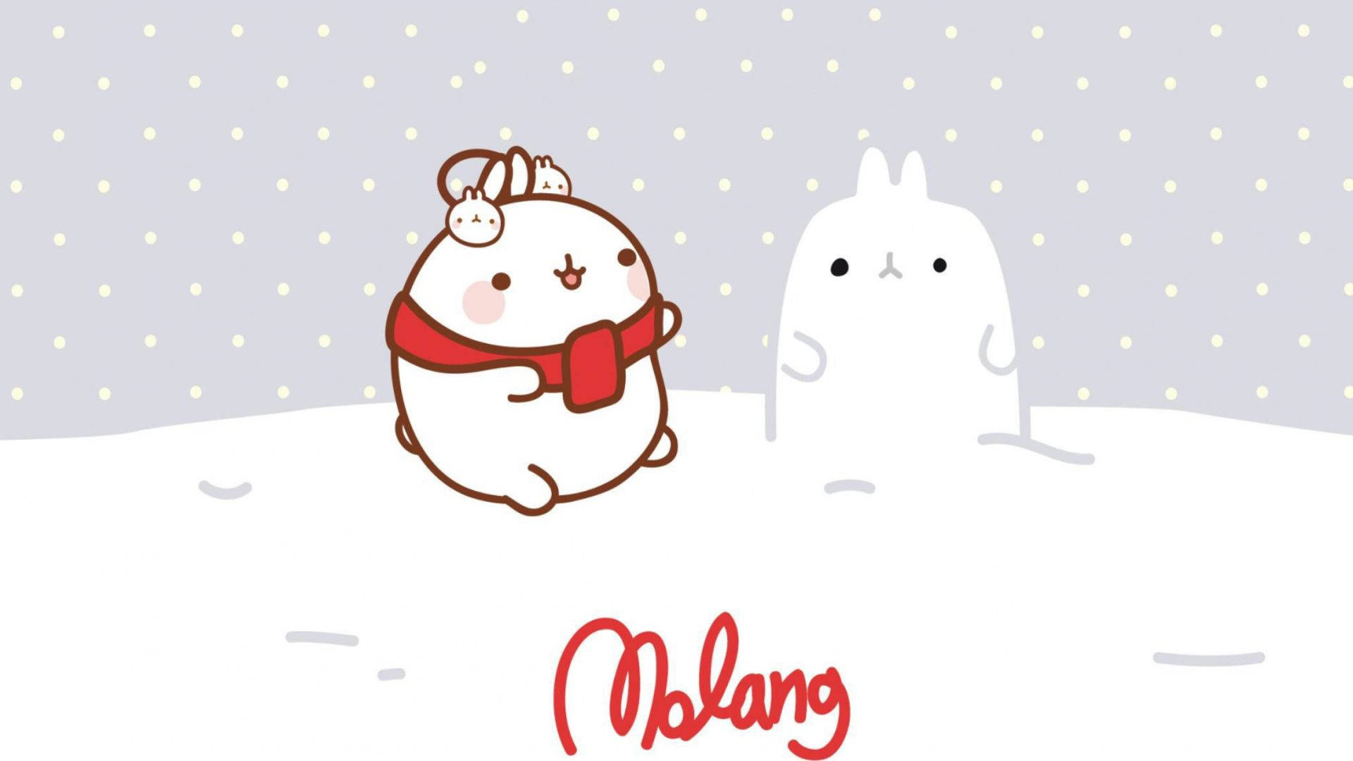 Kawaii Christmas 桌布 壁紙 — 兩隻可愛的卡通兔子，其中一隻戴著紅色圍巾，站在雪景中，雪花飄落。