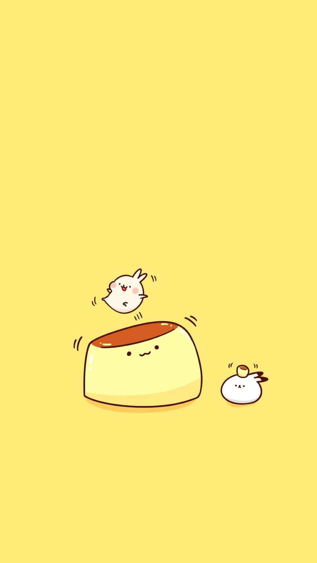 Kawaii Japanese Food 桌布 壁紙 — 兩隻可愛的卡通兔子在一個微笑的焦糖布丁甜點附近活潑地跳躍，背景是純黃色。