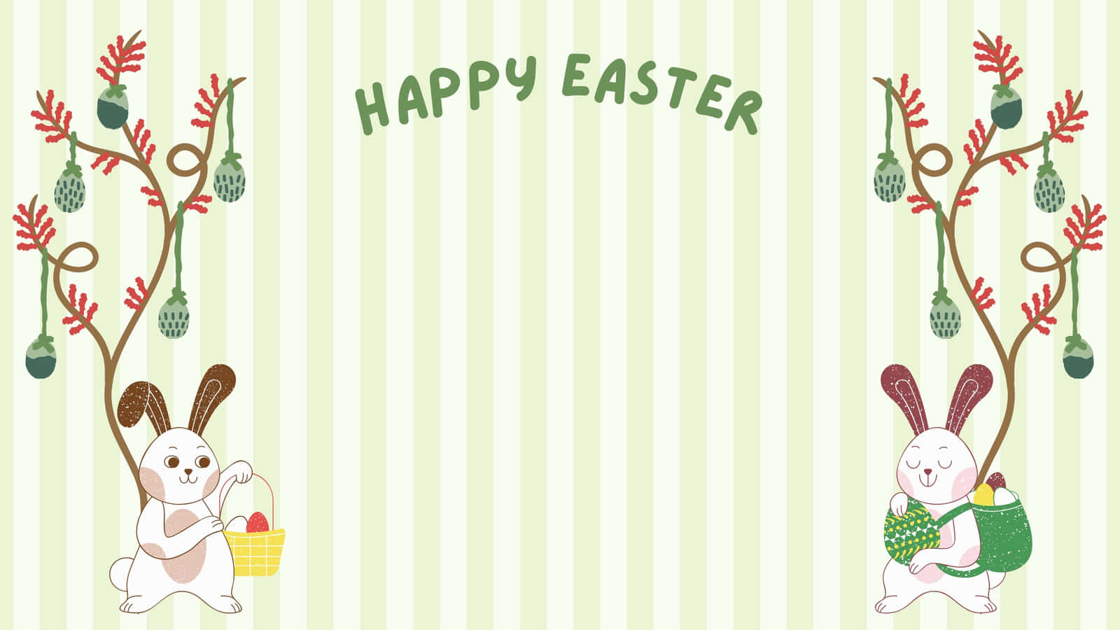 Easter Zoom 桌布 壁紙 — 兩隻可愛的卡通兔子在有蛋掛著的奇特樹下拿著復活節籃子，背景是綠色條紋。