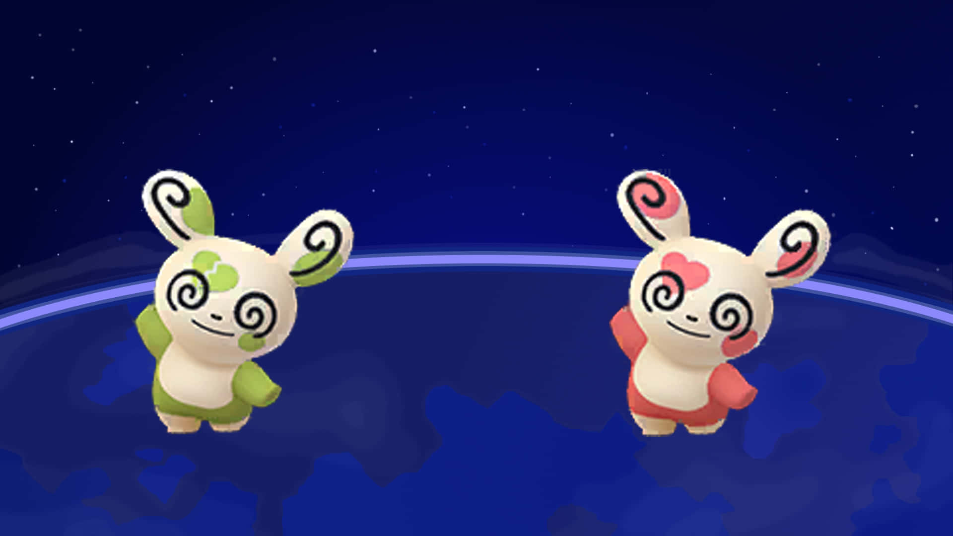 寶可夢 桌布 壁紙 — 兩隻可愛的卡通兔子般的生物在一個星球上方漂浮，背景是繁星點點的夜空。