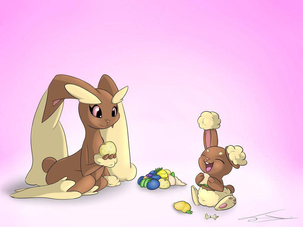 Friendship 桌布 壁紙 — 兩隻可愛的卡通兔寶可夢開心坐在柔和的粉紅色漸變背景前，周圍有彩色蛋和花朵。
