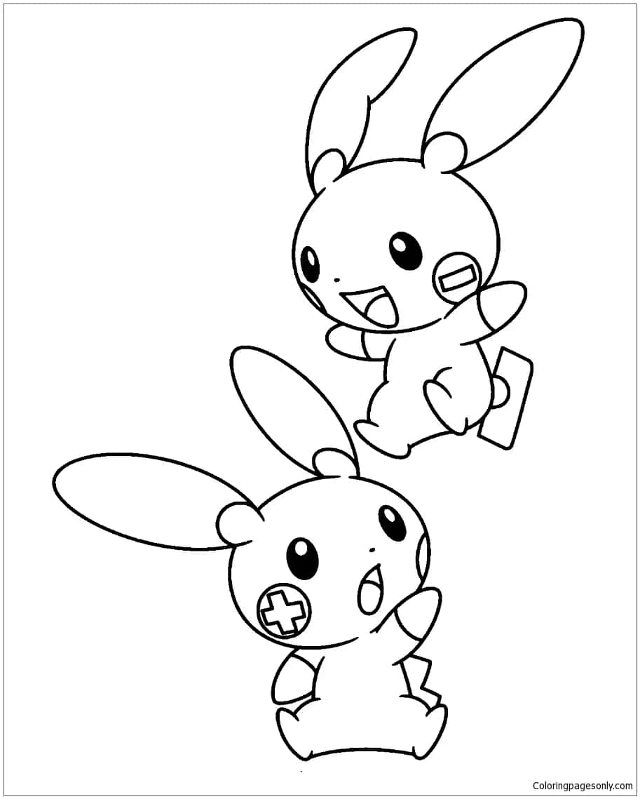 Plusle 桌布 壁紙 — 兩隻可愛的卡通兔狀生物，臉頰上有加號，以簡單的黑白線條畫俏皮地坐著。