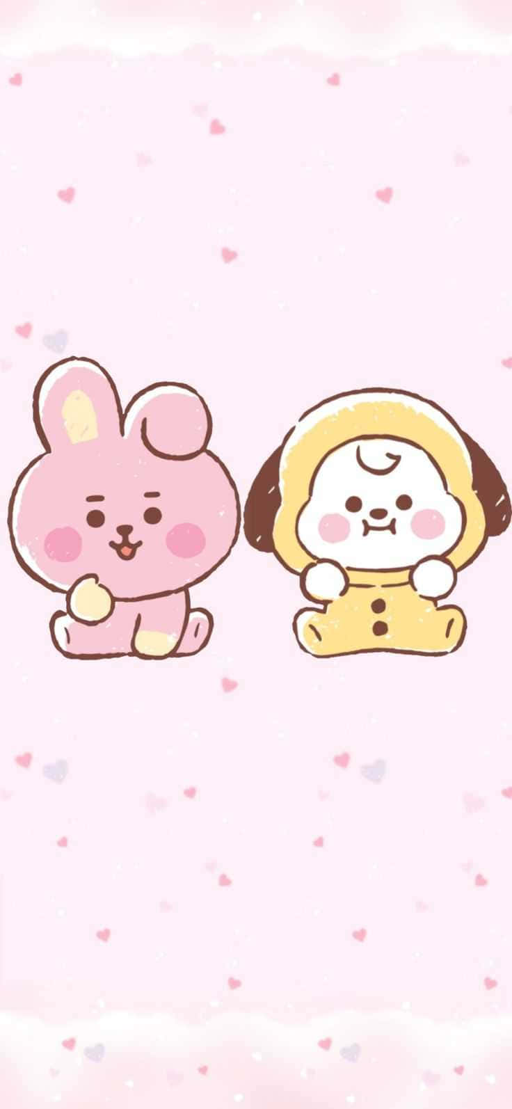 BT21 桌布 壁紙 — 兩隻可愛的卡通動物，一隻粉紅色兔子和一隻黃色小狗，一起坐在一個點綴著心形的柔軟粉紅色背景上。