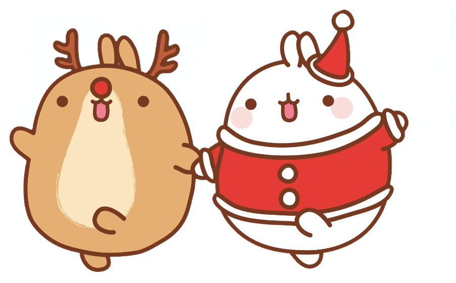 Molang 桌布 壁紙 — 兩隻可愛的卡通動物，一隻馴鹿和一隻兔子，穿著節日服裝，站在風格化的藍色和黑色背景前。