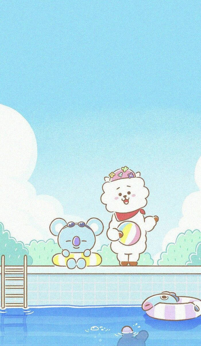 Koya 桌布 壁紙 — 兩隻可愛的卡通動物在游泳池旁享受陽光燦爛的日子，配有充氣泳圈和梯子。