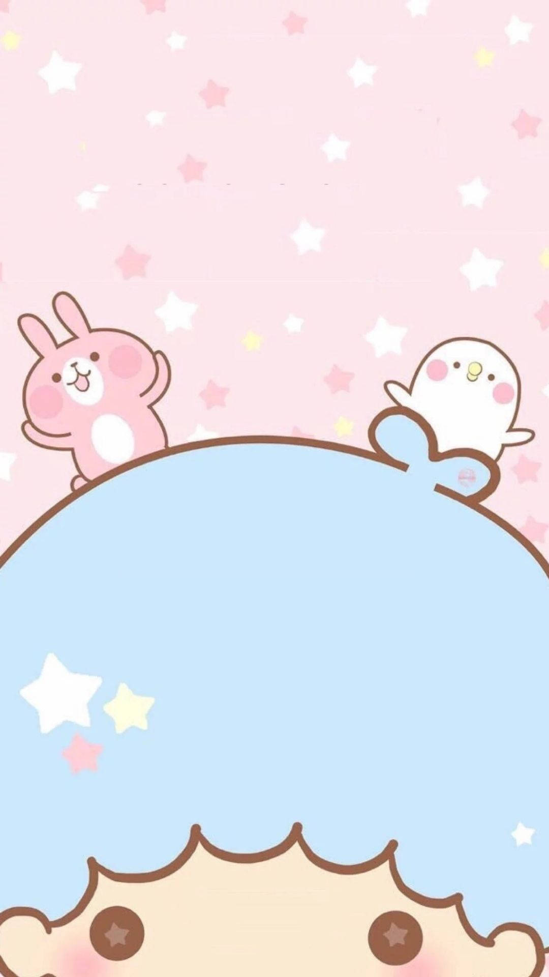 Twin 桌布 壁紙 — 兩隻可愛的卡通動物從藍色弧形邊緣探出頭來，背景是粉紅色星空。