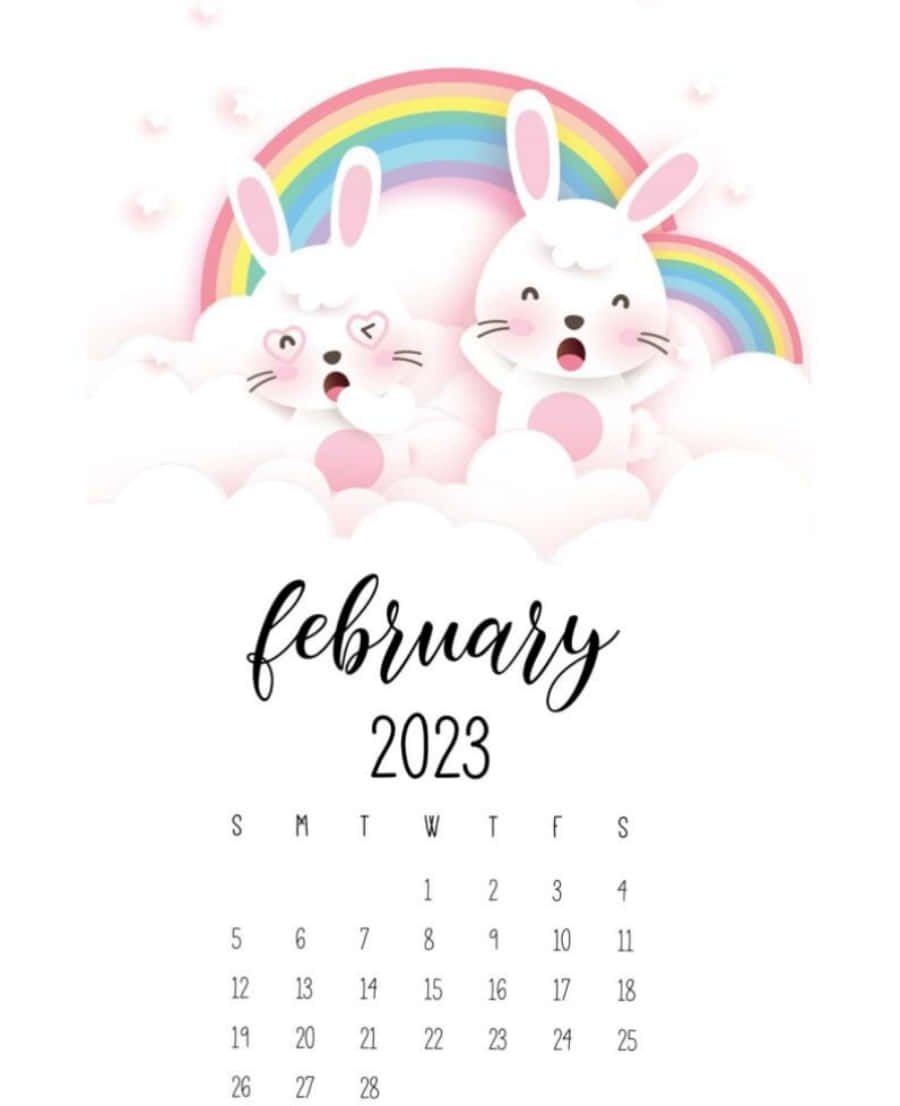 2023 年 2 月日曆，雲上彩虹下有兩隻卡通小兔。 — 二月 GIF 壁紙