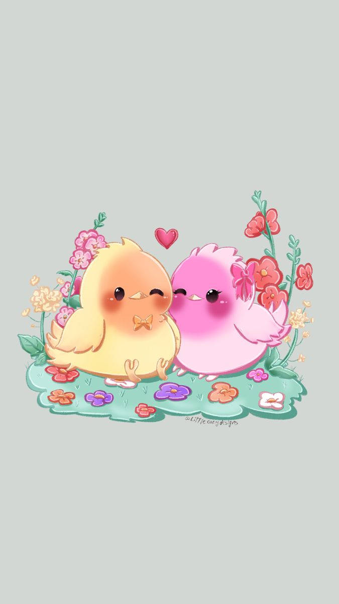 birds 桌布 壁紙 — 兩隻可愛的卡通小雞，一黃一粉，在色彩繽紛的花朵中依偎，它們之間漂浮著一顆心。