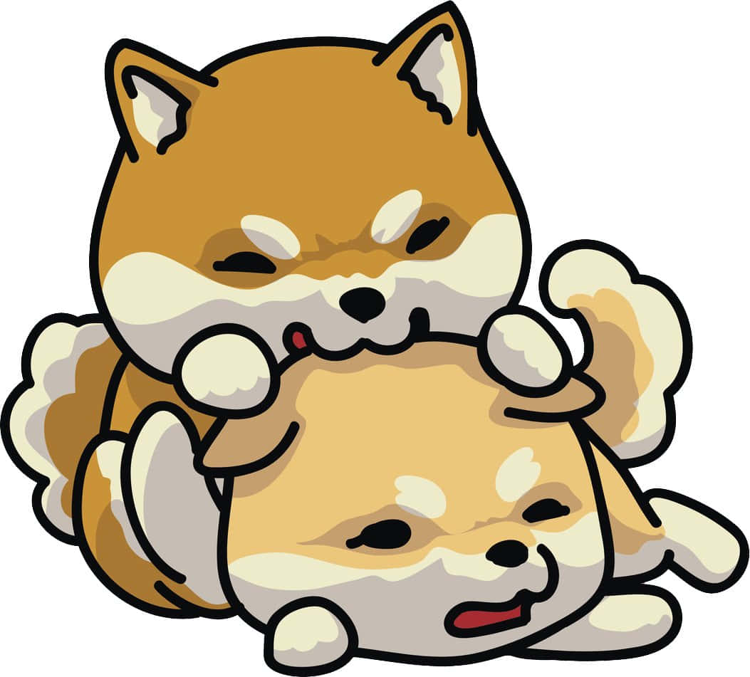 Kawaii Dog 桌布 壁紙 — 兩隻可愛的卡通柴犬，其中一隻在溫暖的擁抱中頑皮地用鼻子蹭另一隻。