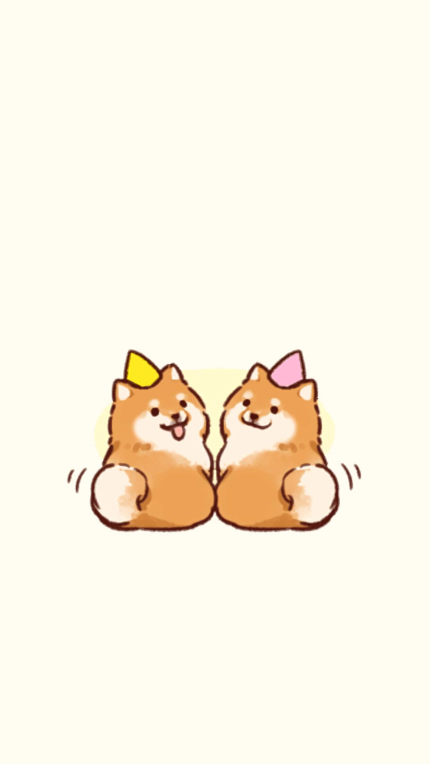 Hats 桌布 壁紙 — 兩隻可愛的卡通柴犬戴著派對帽，並排坐在純色背景上。