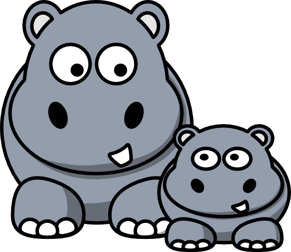 Cartoon Animal 桌布 壁紙 — 兩隻可愛的卡通河馬，一大一小，並排坐，有大眼睛和露齒笑，黑色背景。