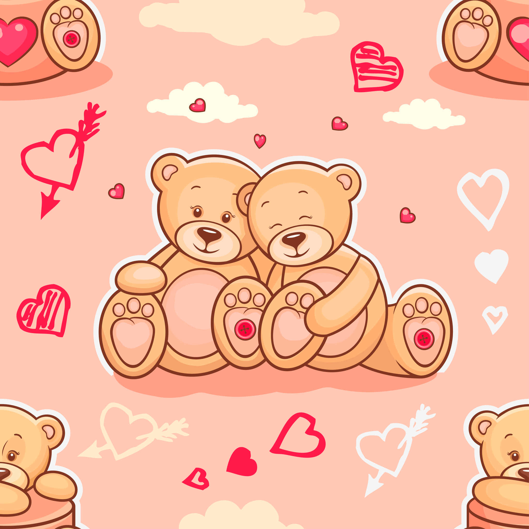 Teddy Bear 桌布 壁紙 — 兩隻可愛的卡通泰迪熊在充滿愛心和雲朵的粉紅色天空下溫柔擁抱。