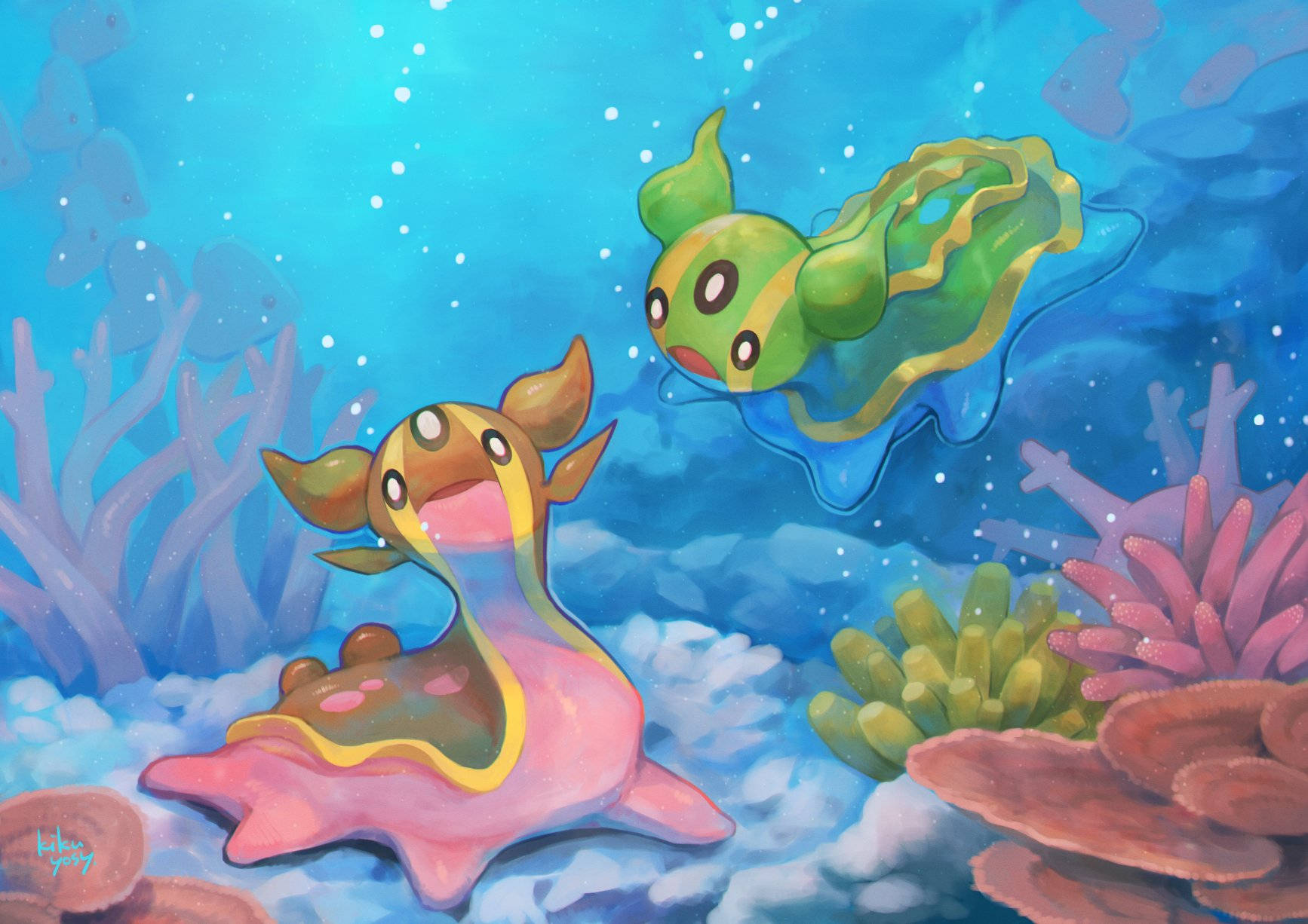水下動畫 桌布 壁紙 — 兩隻可愛的卡通海洋生物在色彩繽紛的珊瑚和發光氣泡中游泳，呈現充滿活力的海底場景。