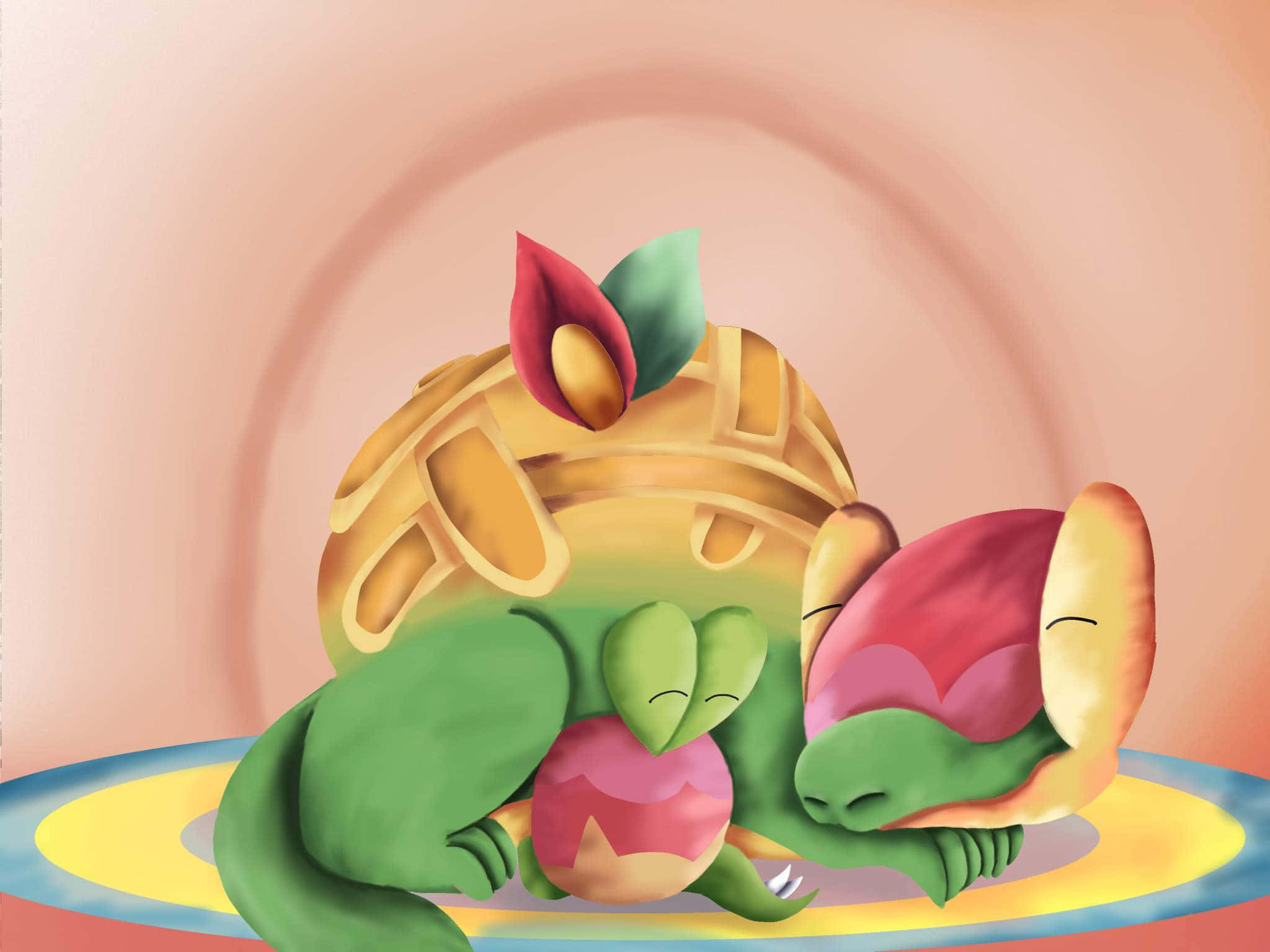 Pokemon Aesthetic 桌布 壁紙 — 兩隻可愛的卡通烏龜，龜殼上有樹葉，在一個色彩繽紛的盤子上平靜地睡覺，背景是柔和的粉紅色。