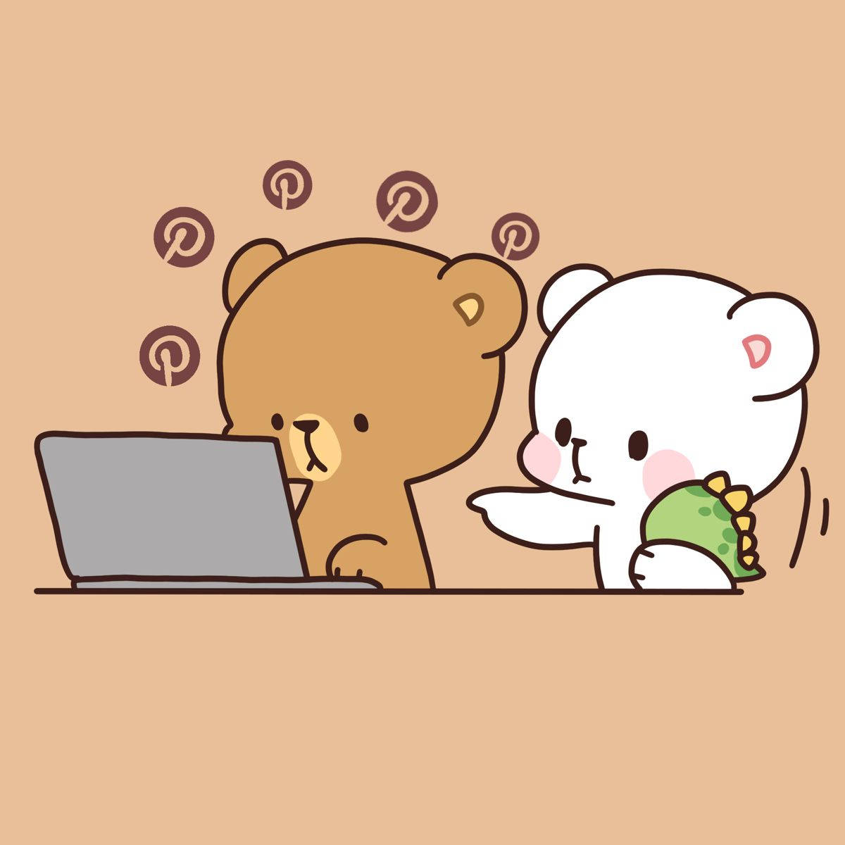 milk and mocha 桌布 壁紙 — 兩隻可愛的卡通熊，一隻在使用筆記型電腦，上方漂浮著Pinterest圖標，另一隻抱著恐龍毛絨玩具。