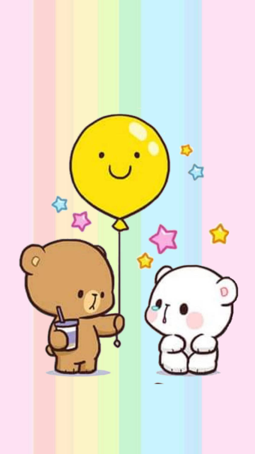 milk and mocha 桌布 壁紙 — 兩隻可愛的卡通熊，一隻拿著微笑的黃色氣球和飲料，另一隻在粉彩彩虹條紋背景上仰望星星。