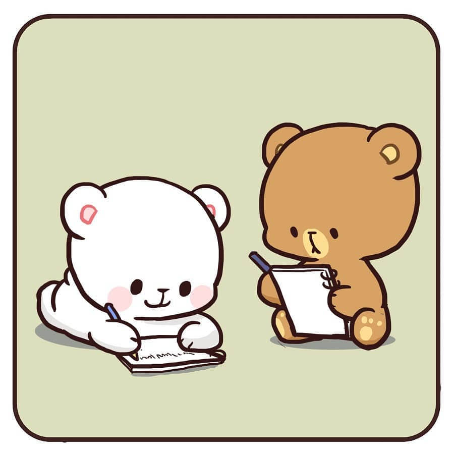 milk and mocha 桌布 壁紙 — 兩隻可愛的卡通熊，一隻白色和一隻棕色，坐著用筆在紙上寫筆記。
