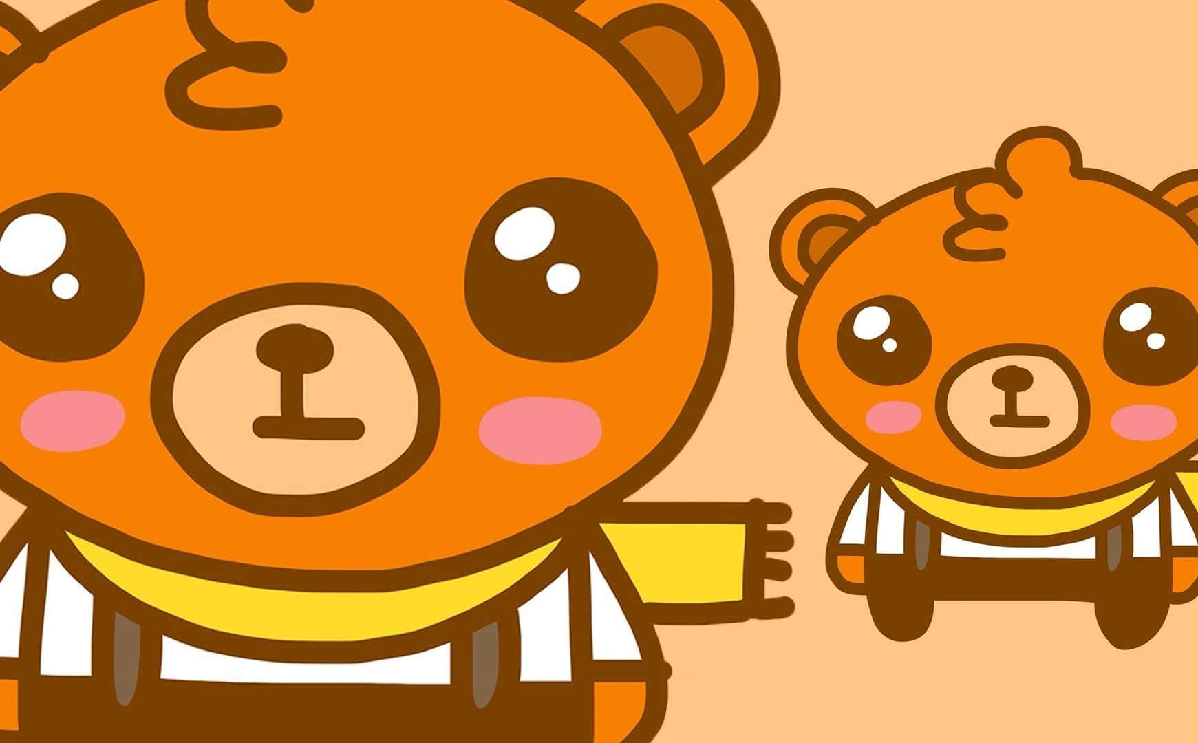 Kawaii Bear 桌布 壁紙 — 兩隻可愛的卡通熊，有大眼睛和黃色圍巾，並排站在溫暖的橙色背景前。