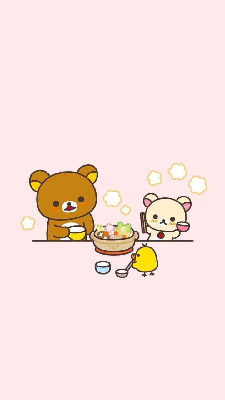 桌布 壁紙 — 兩隻可愛的卡通熊和一隻小雞在柔軟的粉紅色背景上一起享用熱騰騰的餐點。