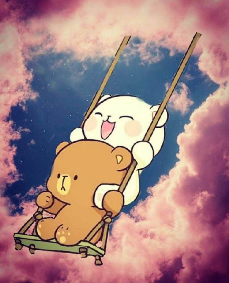 milk and mocha 桌布 壁紙 — 兩隻可愛的卡通熊在夢幻的粉紅色和藍色星空下快樂地一起盪鞦韆。