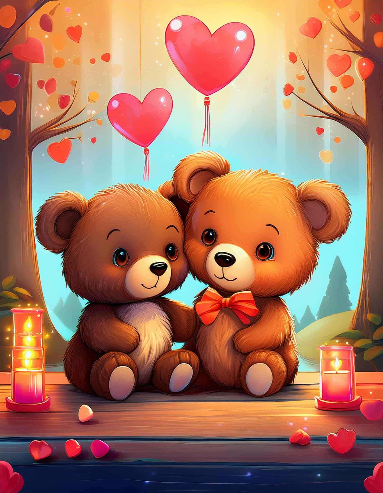 The Magical World of Bears 壁紙 — 兩隻可愛的卡通熊在溫暖的森林場景中，一起坐在心形氣球和發光蠟燭下。