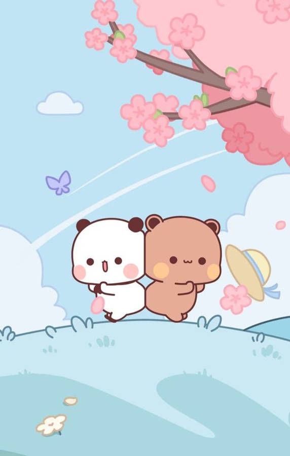 milk and mocha 桌布 壁紙 — 兩隻可愛的卡通熊在粉紅色櫻花樹下擁抱，附近有蝴蝶飛舞。