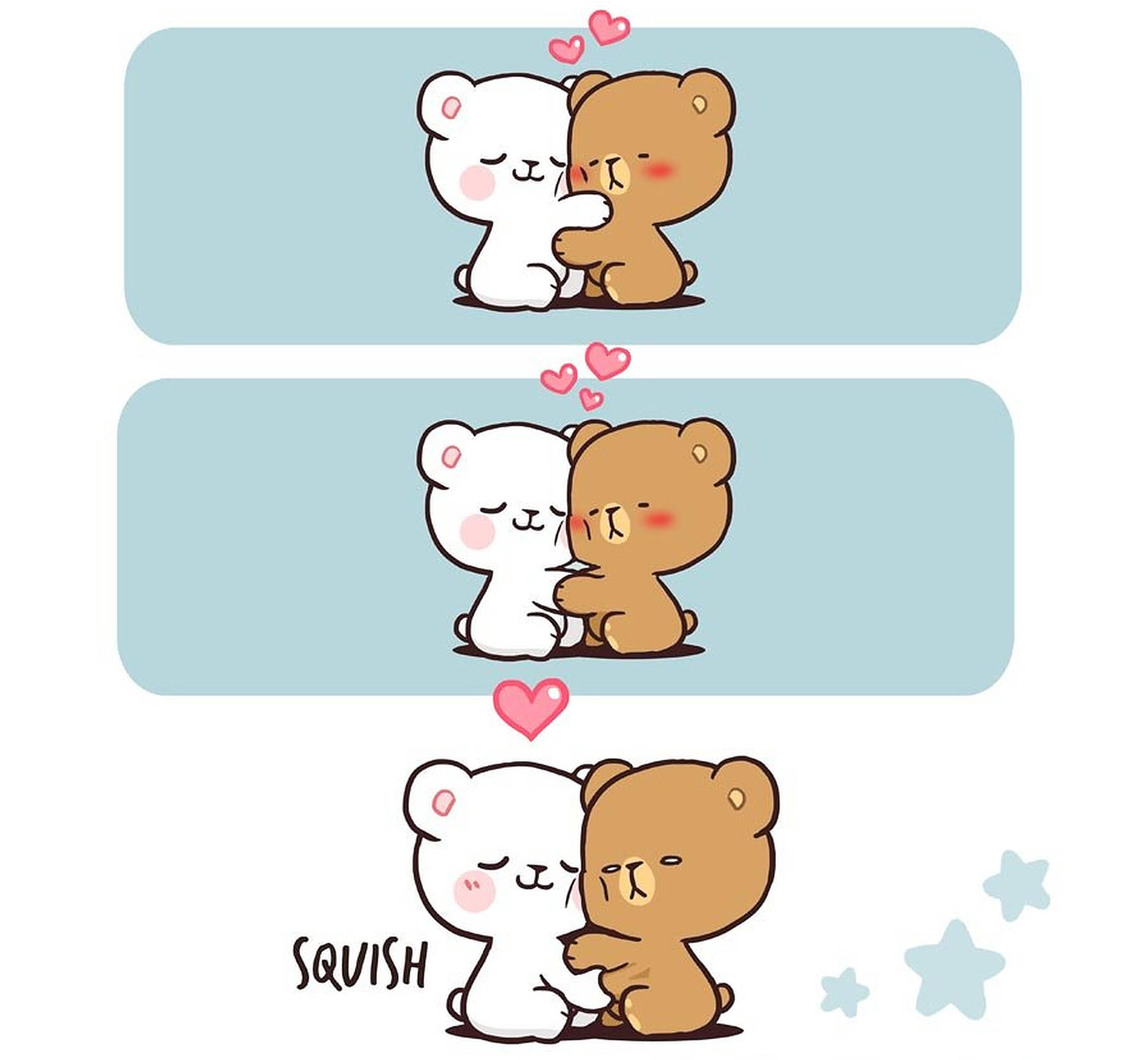 milk and mocha 桌布 壁紙 — 兩隻可愛的卡通熊溫柔擁抱，伴有漂浮的心形和「squish」音效。