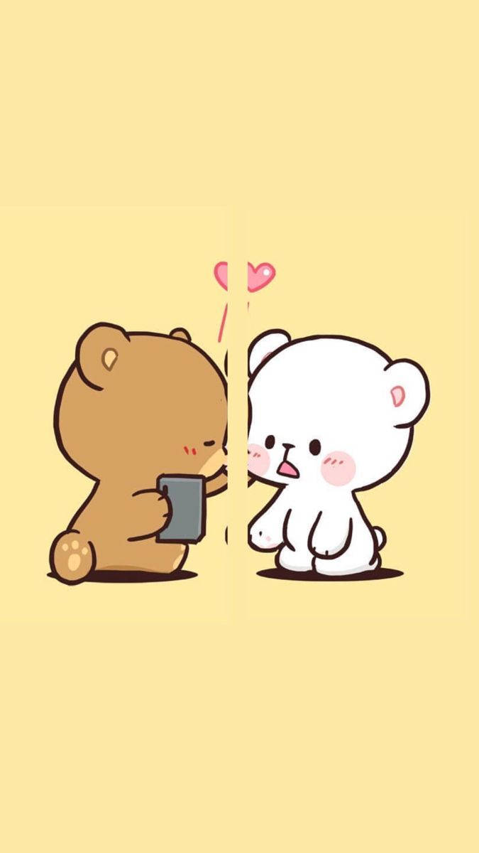 milk and mocha 桌布 壁紙 — 兩隻可愛的卡通熊臉紅，隔著一條分界線互相凝視，頭頂有漂浮的愛心。
