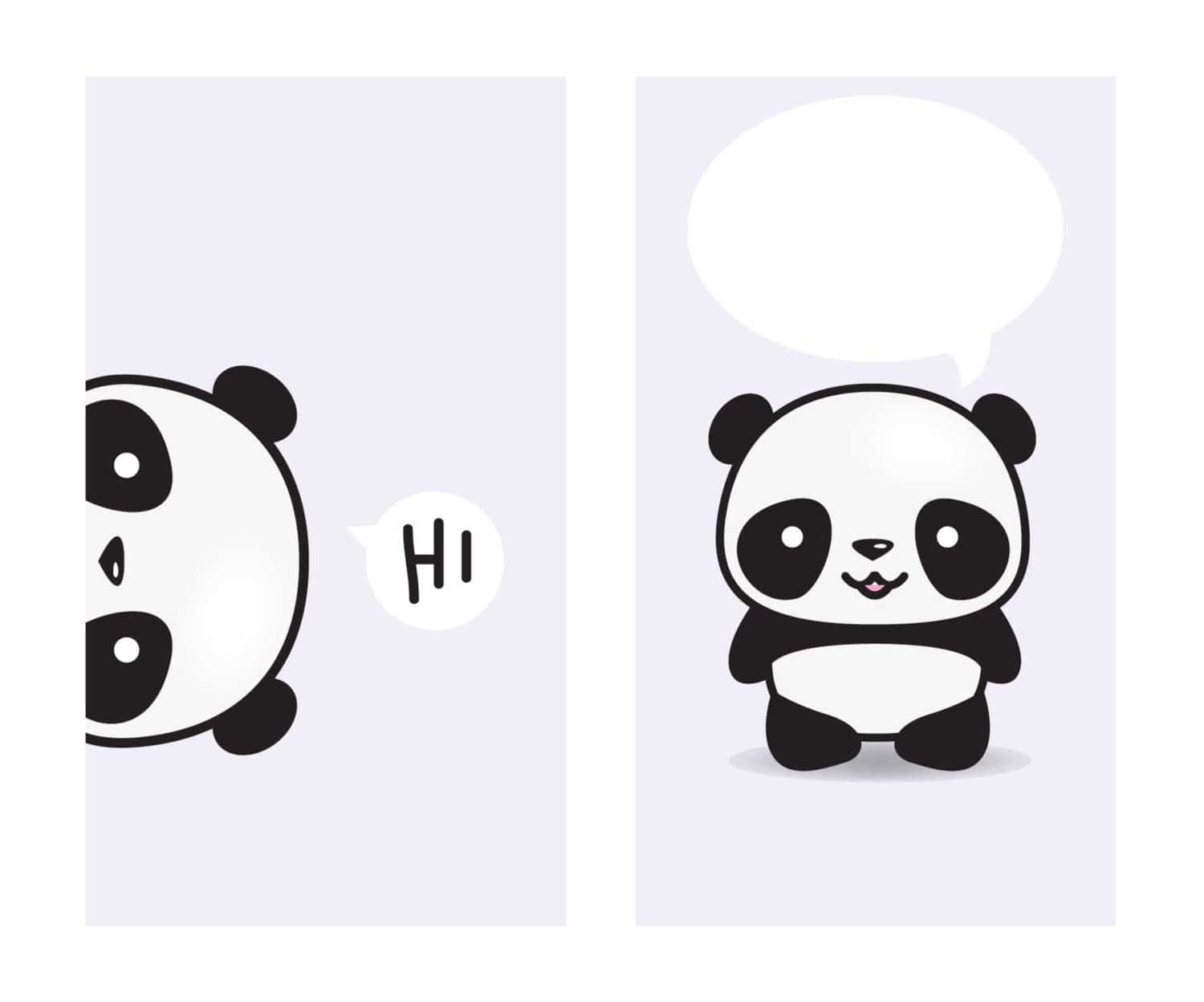 Kawaii Panda 桌布 壁紙 — 兩隻可愛的卡通熊貓，一隻探頭出來，對話框說「嗨」，另一隻微笑，對話框是空的。