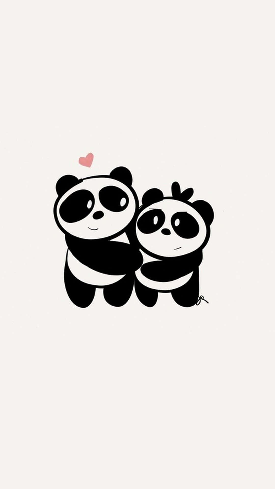 Girly Panda 桌布 壁紙 — 兩隻可愛的卡通熊貓在淺米色背景上擁抱，上方有一顆粉紅色的心。