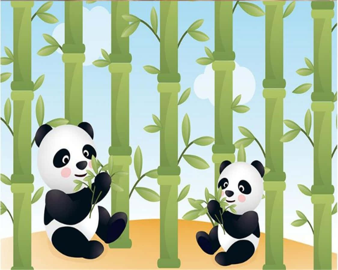 熊貓 桌布 壁紙 — 兩隻可愛的卡通熊貓開心坐在高大的綠色竹莖之間，在晴朗的藍天下。