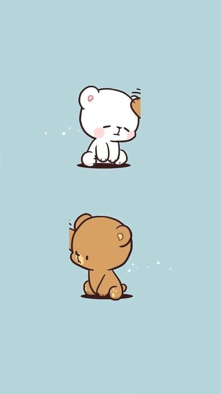 Cartoon Animal 桌布 壁紙 — 兩隻可愛的卡通熊面對面坐在柔軟的藍色背景上，一隻白色，一隻棕色，都閉著眼睛，臉頰泛紅。