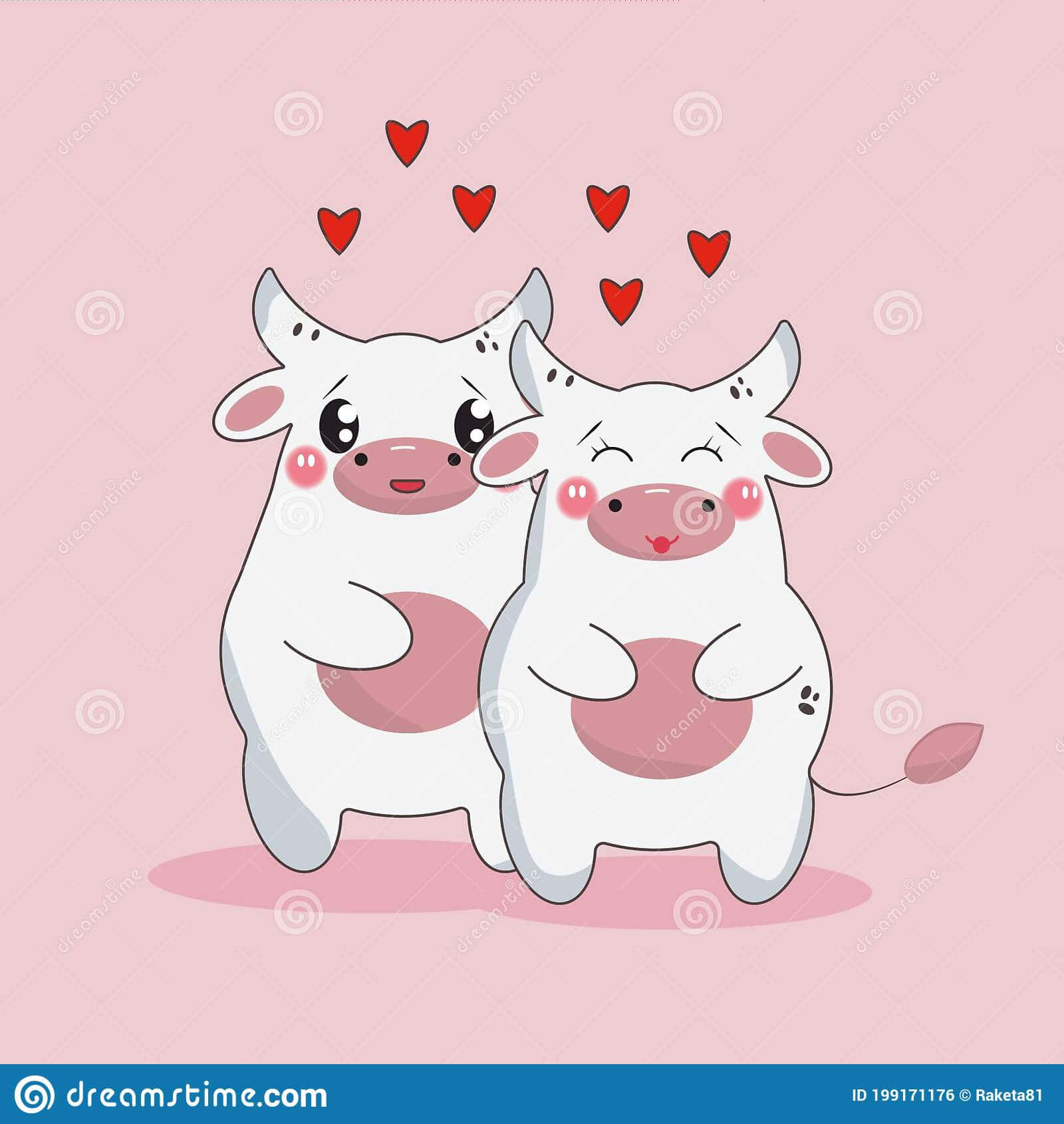 Kawaii Cow 桌布 壁紙 — 兩隻可愛的卡通牛在柔和的粉紅色背景上幸福地依偎，心形圖案漂浮在它們上方。