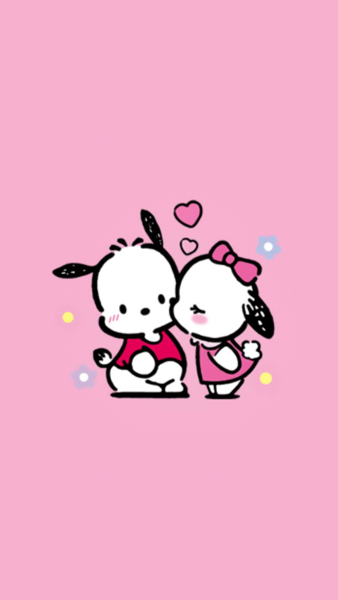Pochacco 桌布 壁紙 — 兩隻可愛的卡通狗穿著粉紅色衣服，在柔和的粉紅色背景上擁抱，周圍有心形飄浮。