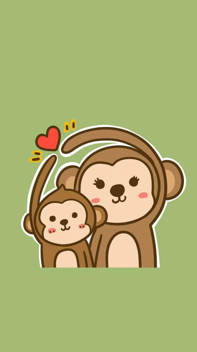 Baby Monkey 桌布 壁紙 — 兩隻可愛的卡通猴子在純綠色背景上擁抱，上方有一個紅色愛心。