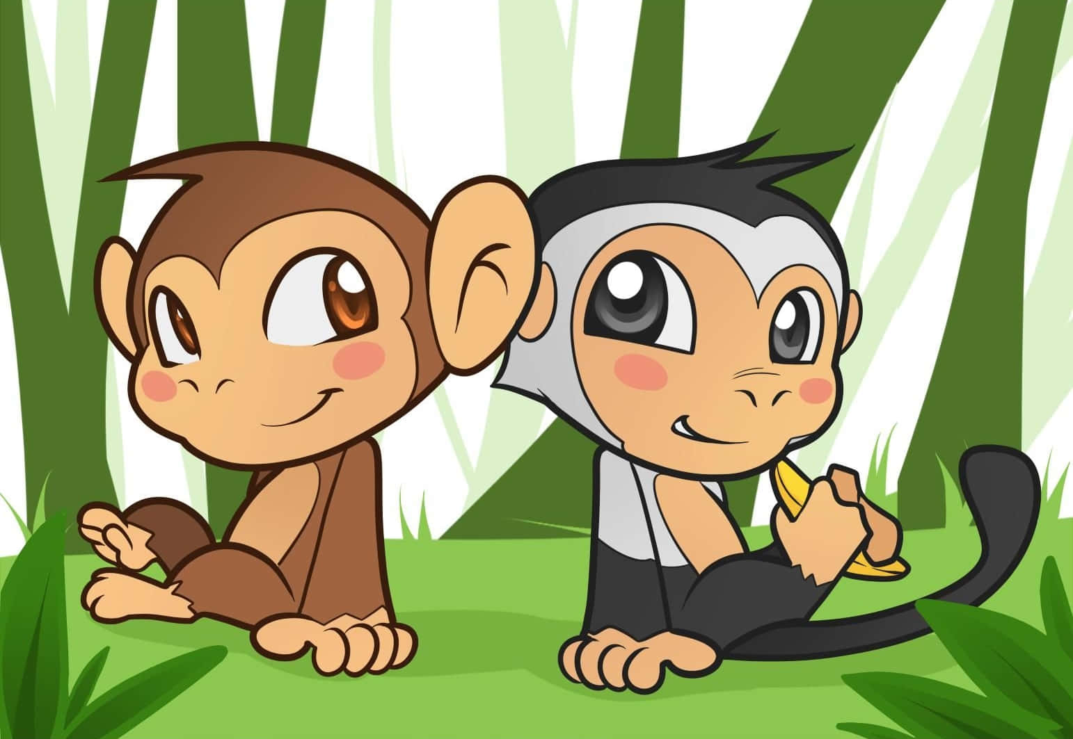 Friends 桌布 壁紙 — 兩隻可愛的卡通猴子開心地坐在竹林裡，其中一隻拿著一根香蕉。