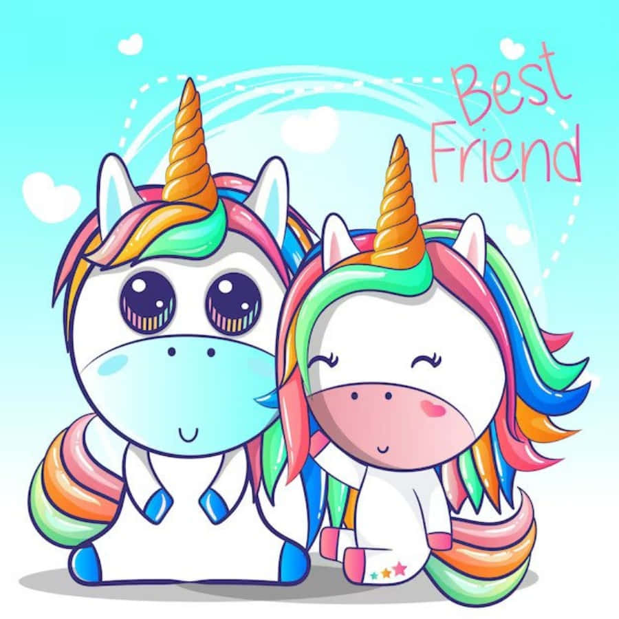 Unicorns 桌布 壁紙 — 兩隻可愛的卡通獨角獸，擁有彩虹鬃毛和金色角，在滿是心形的天空下擁抱，並帶有「最好朋友」的文字。