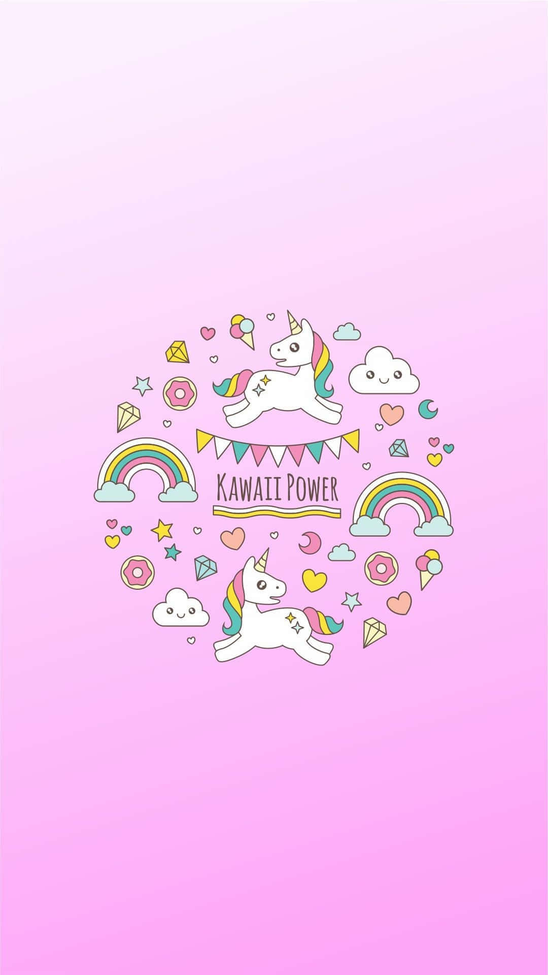 Pastel Unicorn 桌布 壁紙 — 兩隻可愛的卡通獨角獸在柔和的粉紅色漸層背景上，在彩虹、愛心和糖果之間歡快地跳躍。