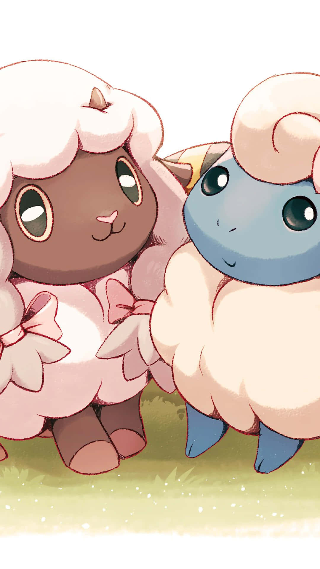 Girly Cartoon 桌布 壁紙 — 兩隻可愛的卡通綿羊，擁有蓬鬆的粉紅色羊毛和蝴蝶結，並排站在草地上，光線柔和。