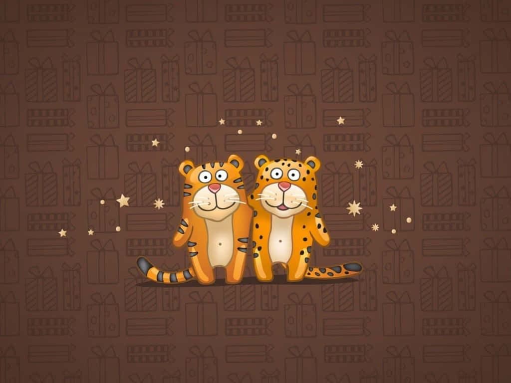 Cheetah 桌布 壁紙 — 兩隻可愛的卡通老虎一起坐在一個充滿禮物盒圖案和發光星星的棕色背景上。
