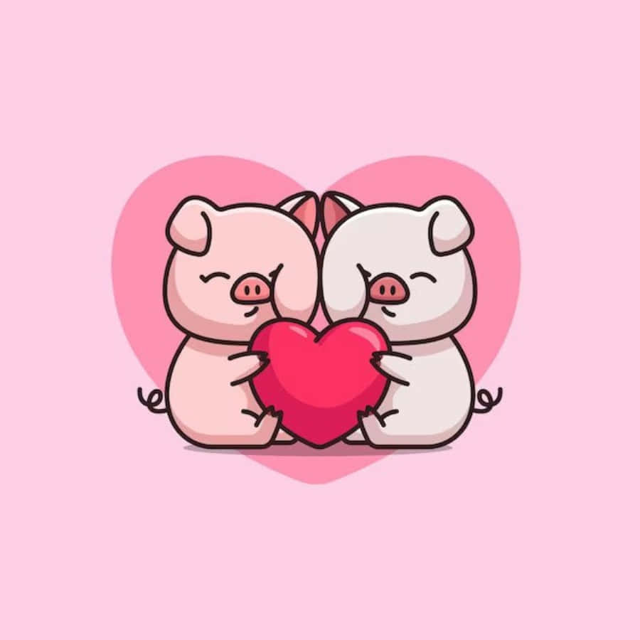 Cartoon Heart 桌布 壁紙 — 兩隻可愛的卡通豬在柔和的粉紅色背景上擁抱一個紅色愛心，身後有一個更大的愛心。