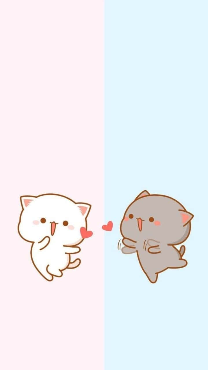 Cute Cartoon 桌布 壁紙 — 兩隻可愛的卡通貓，一白一灰，在粉彩粉紅和藍色背景上漂浮向對方並交換心形。