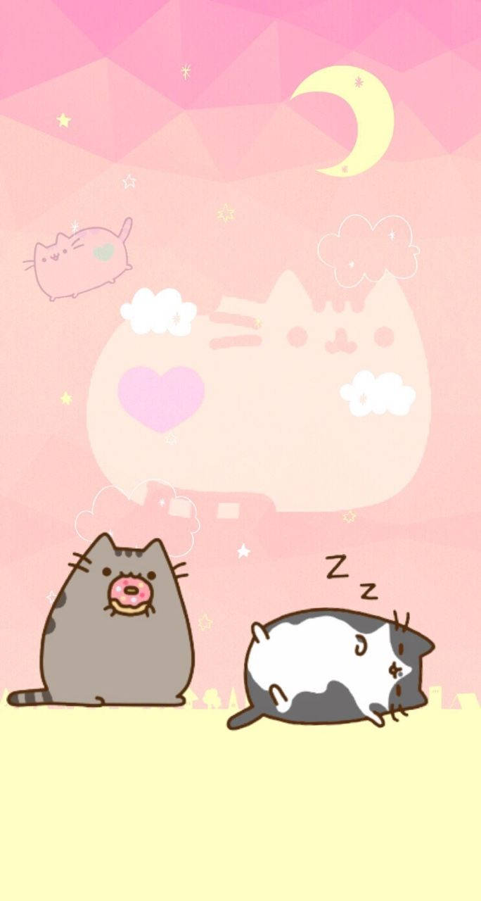 pusheen 動圖 桌布 壁紙 — 兩隻可愛的卡通貓，一隻在吃甜甜圈，另一隻在粉紅色幾何背景下的新月和星星下安睡。